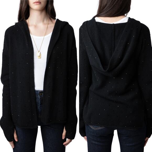 Zadig & Voltaire Cosany Rhinestone Embellished Hooded Cashmere Cardigan Black - Picture 1 of 11